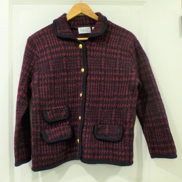 VINTAGE Houndstooth Plaid Wool Boxy Cardigan Jacket - Picture 3 of 10